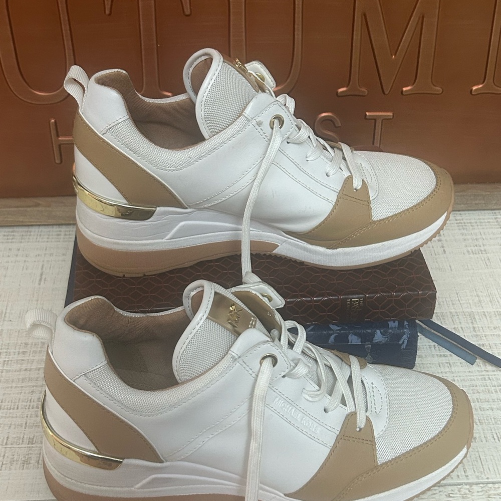 Michael Kors White and Tan Women's Fashion Wedge Sneakers with Gold Accent